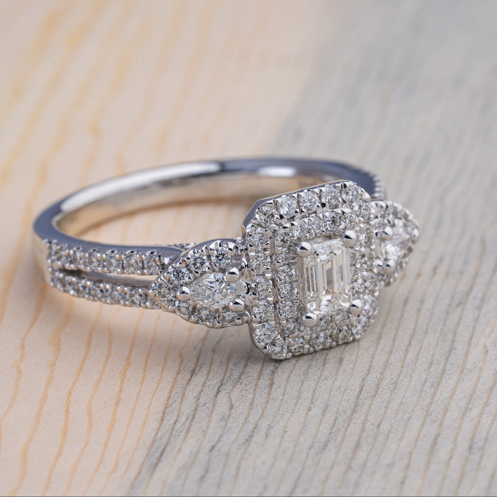 Double halo emerald cut ring sale